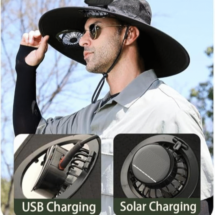 Solar fan hat Outdoor Wide Brim Sun Hat with 2 Solar Fan Sun Bucket Hat for Men Women UPF 50+ Bucket Fishing & Beach with Fan Built in - Image 3